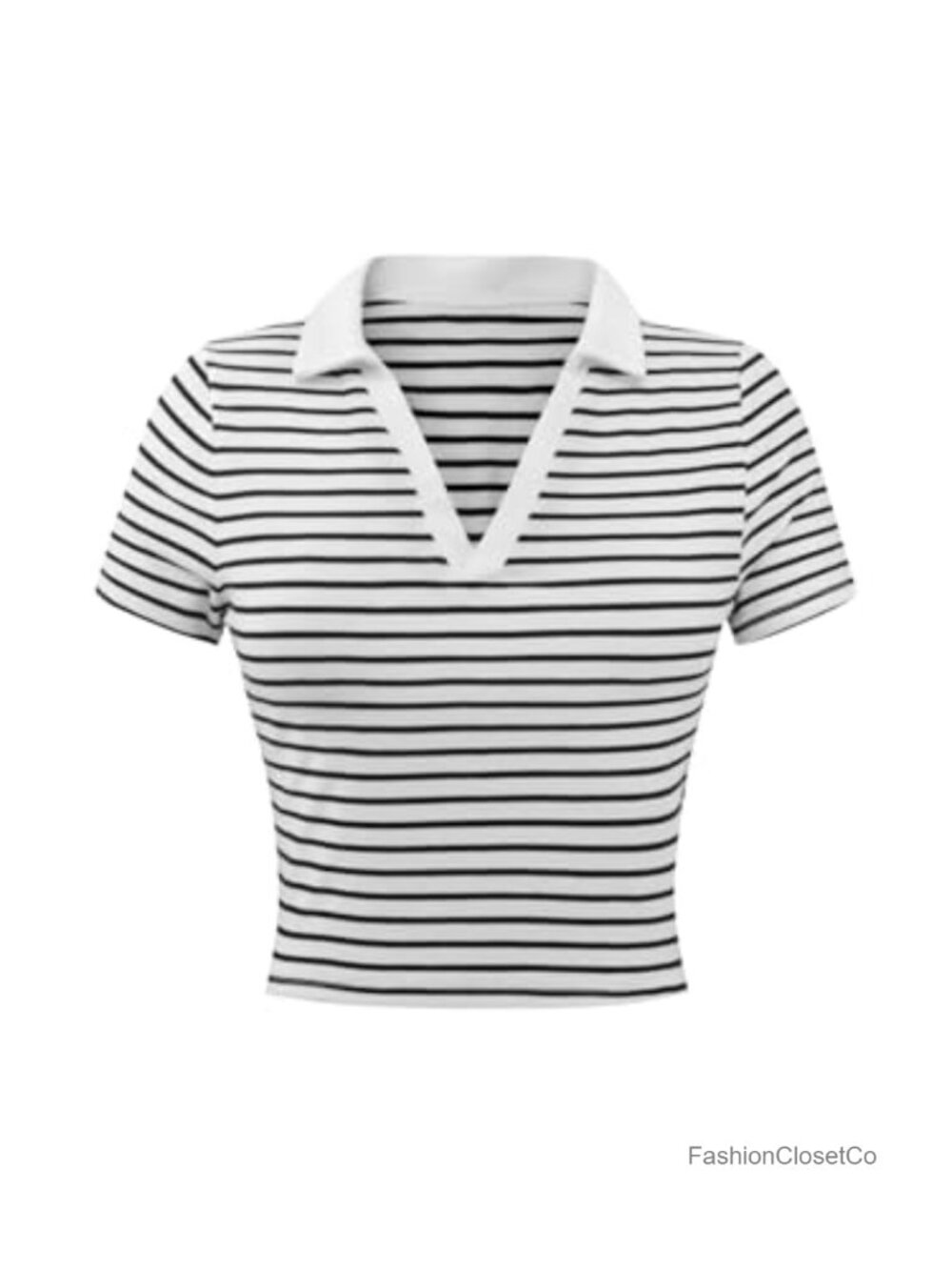 Crop Polo Shirt V Neck Short Sleeve Tee 60% Rayon 35% Polyester 5% Elastane